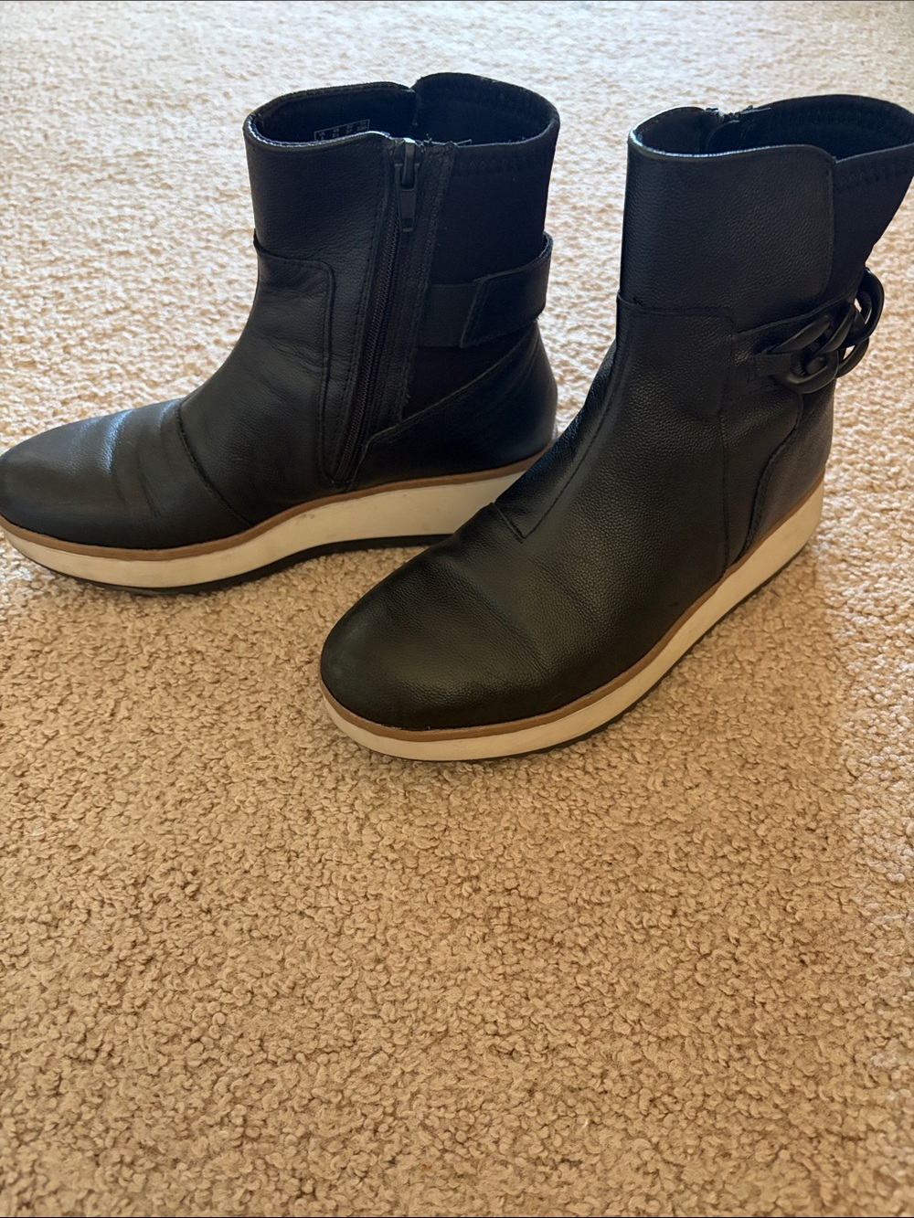 Women's Black Leather Ankle Booties with White Platform Sole Clark’s Brand